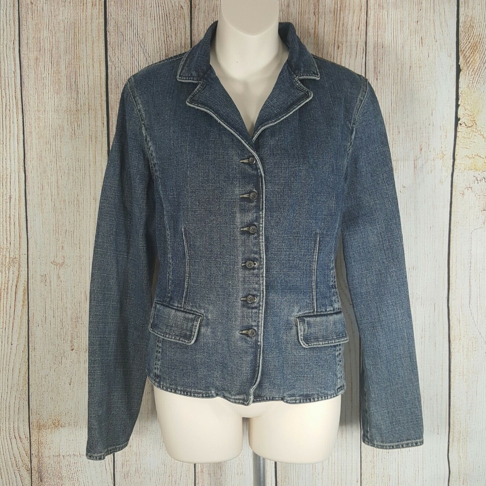 Liz Claiborne Blue Denim Distressed Fitted Jacket